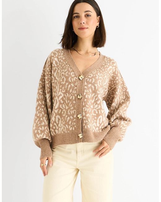 Gini London Natural Camel Animal Print Wool Mix Cardigan Look Jumper