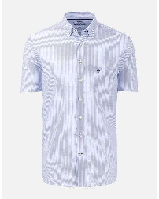 Fynch-Hatton Blue Short Sleeved Oxford Button Down Shirt Light Stripe for men
