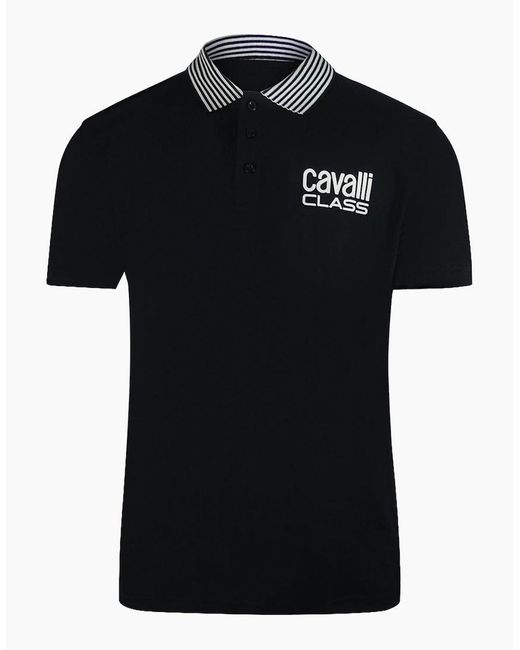 Roberto Cavalli Black Cavalli Class Striped Collar Polo Shirt for men