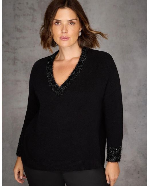 Live Unlimited London Black Sparkle Knit V Neck Jumper