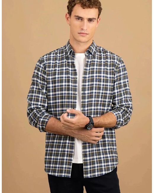 Fynch-Hatton Blue Premium Flannel Check Button Down Shirt Dark Ivy for men