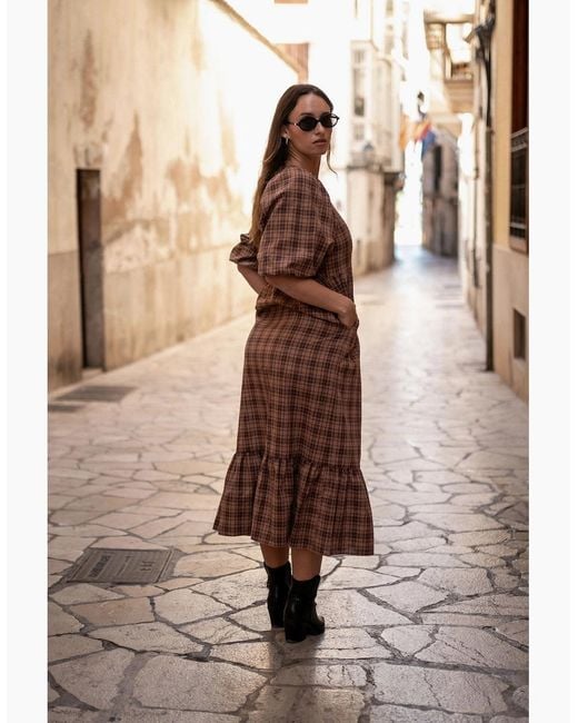 Gini London Brown Cotton Puff Sleeves V Neck Midi Dress
