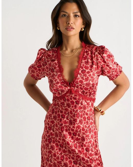 Gini London Red Floral Lace Trim V Neck Midi Dress