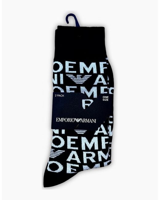 Emporio Armani Black Cotton Allover Logo Knitted 2-Pack Socks for men