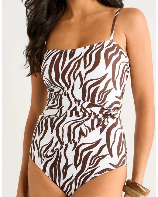 Gini London Multicolor Chocolate Zebra Animal Print Jacquard Cutout Front Swimsuit