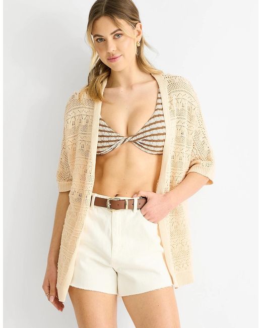 Gini London Natural Crochet Knit Edge To Edge Cardigan
