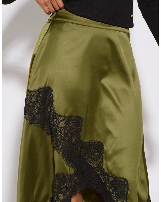Gini London Natural Khaki Satin Asymmetric Hem Contrast Lace Skirt