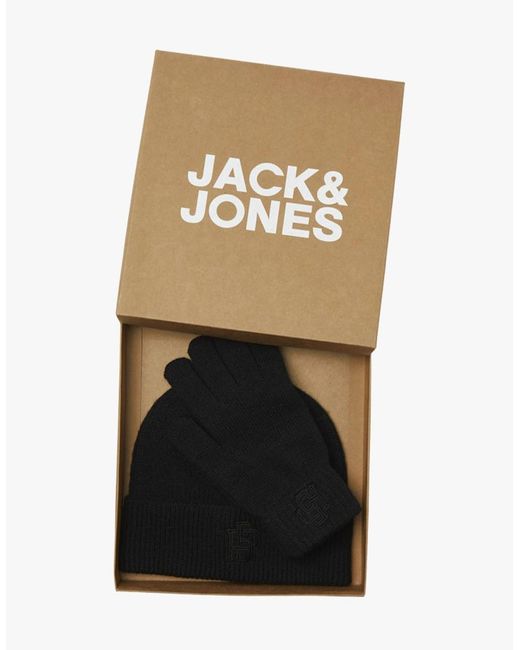Jack & Jones Black Train Hat & Gloves Set for men