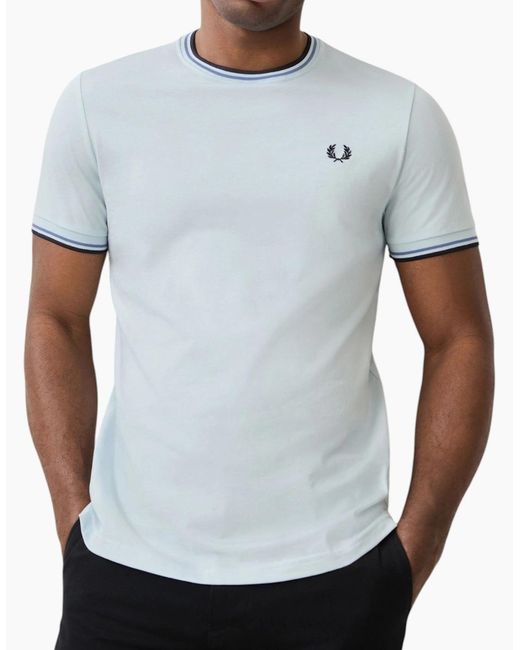 Fred Perry Blue Twin Tipped T Shirt Crew Neck Short Sleeve Summer Tee for men