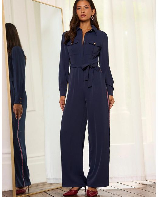 Gini London Blue Long Sleeves Side Strip Detail Jumpsuit