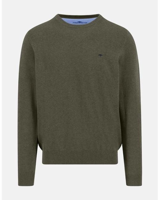 Fynch-Hatton Green Fine Knit Cotton Crewneck Sweater Dark Khaki for men