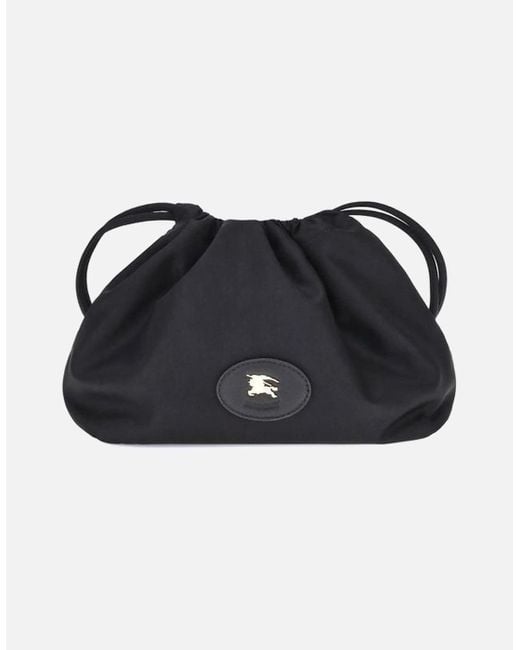 Burberry Black Equestrian Knight Drawstring Pouch With Brushed Metal Elements