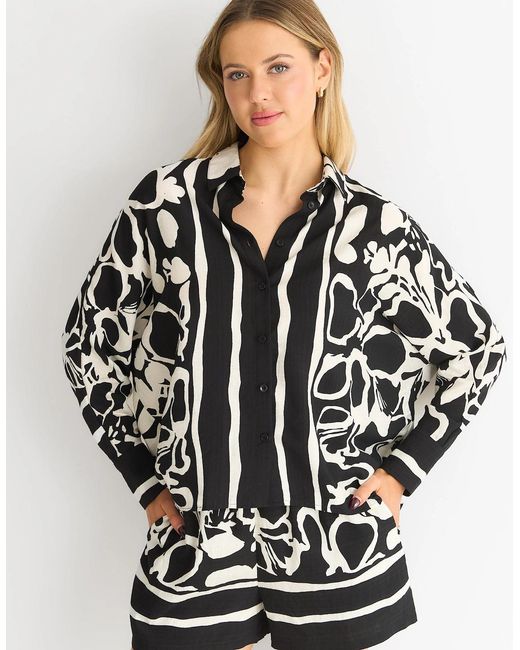 Gini London Gray Border Print Viscose Oversized Shirt