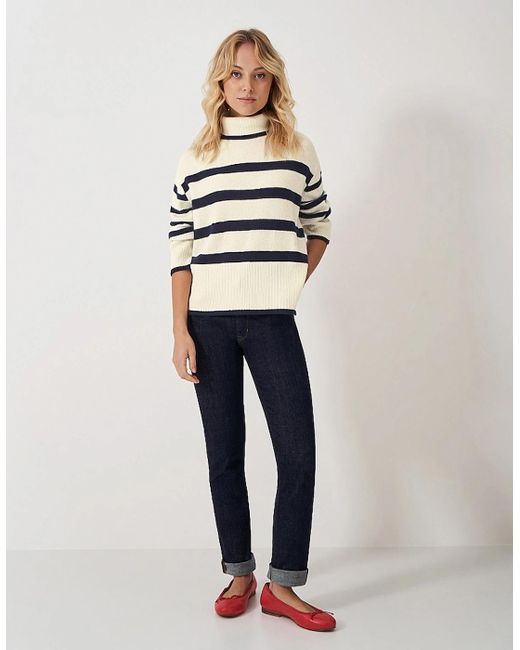 Crew Natural Roll Neck Merino Wool Stripe Jumper Ivory And