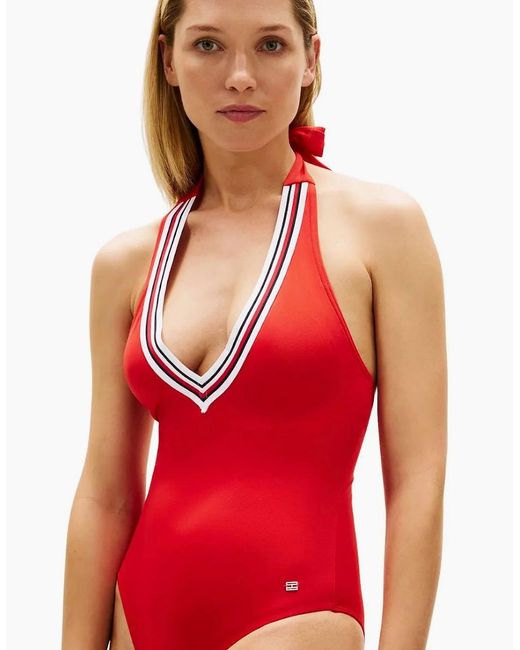 Tommy Hilfiger Red Global Stripe Halterneck Swimsuit, Fireworks