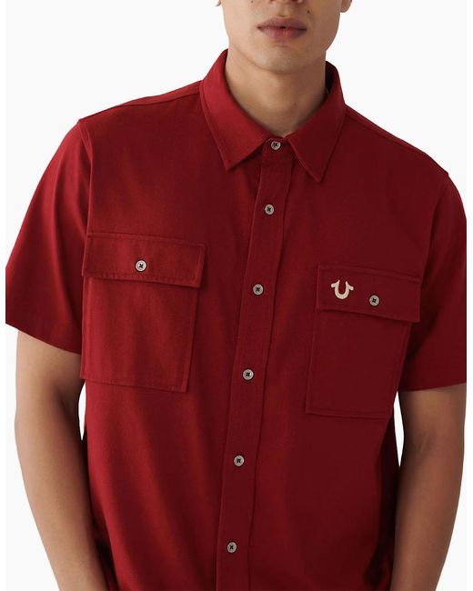 True Religion Red Shirts Short Sleeve Summer Cotton Triple Needle Knit Shirts for men