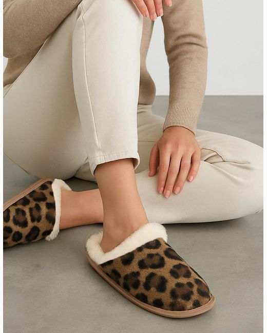 Totes Brown Isotoner Animal Fur Mule Slippers Animal Print