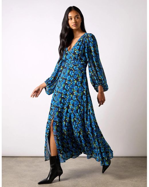 Ro&zo Blue Floral Print Ruched Waist Dress