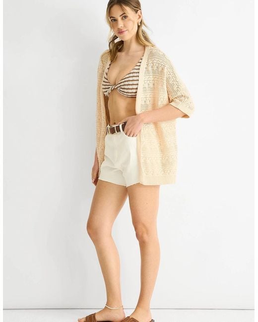 Gini London Natural Crochet Knit Edge To Edge Cardigan