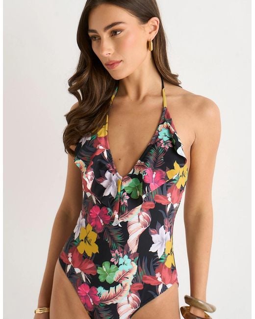 Gini London Multicolor Multi Tropical Ruffle Front Swimsuit