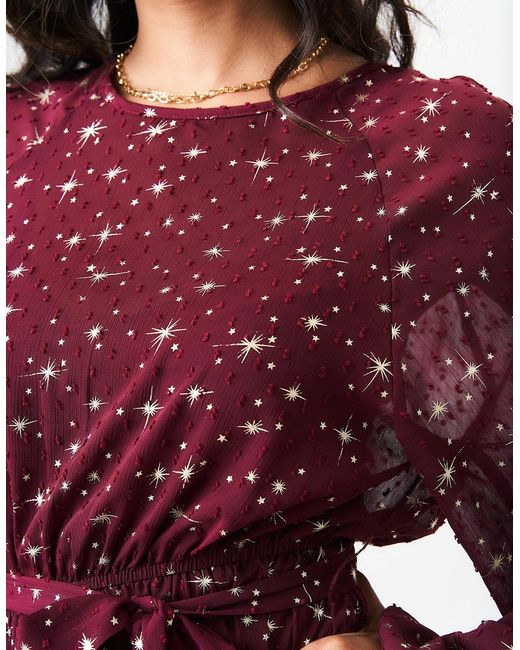 Gini London Red Burgundy Star Print Long Sleeve Mini Dress