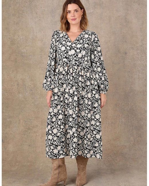 Live Unlimited London Black Petite Floral Print Tie Neck Midaxi Dress