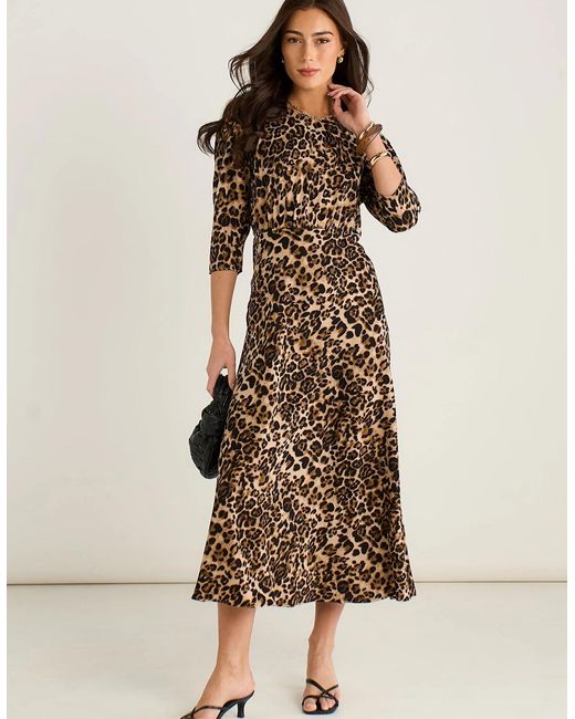 Gini London Natural Animal Print Satin Shift Midi Dress