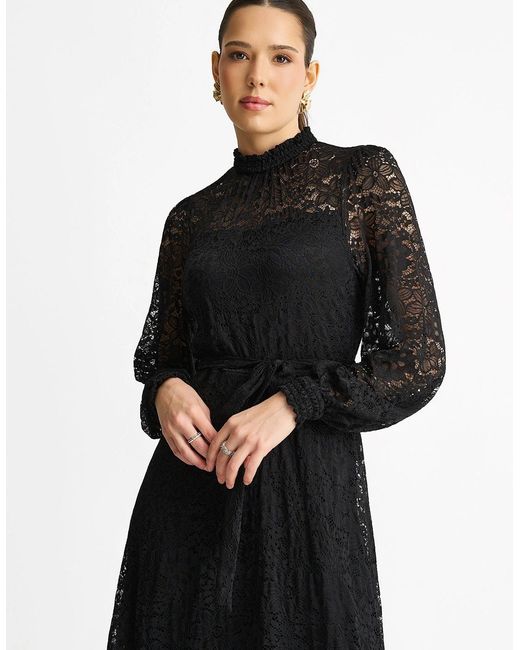 Gini London Black High Neck Jersey Lace Occasion Midi Dress