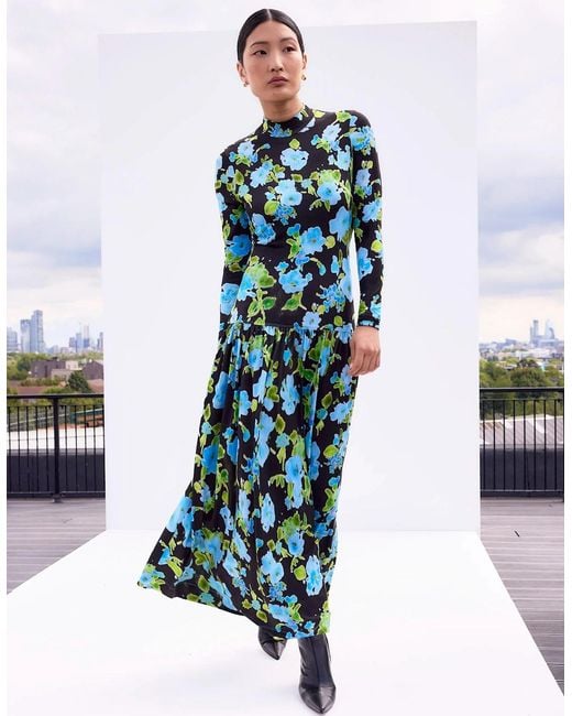 Ro&zo Blue And Floral Dropped Waist Jersey Dress