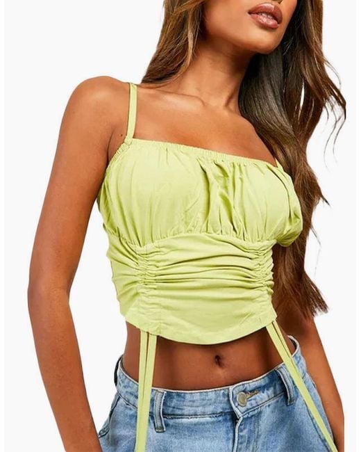 Brave Soul Green Ruched Cami Vest Stretchy Crop Top Summer Beach Cropped Tops Strappy Vest