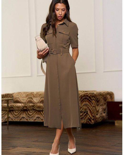 Gini London Brown Taupe Hardware Detail Utility Shirt Dress