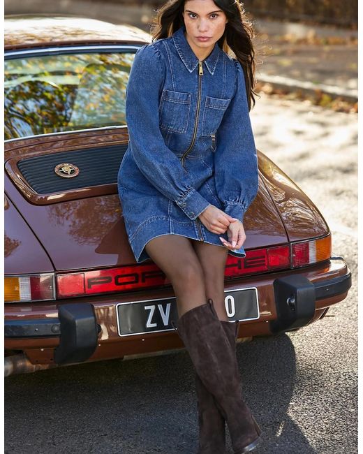 Ro&zo Blue Petite Denim Zip Front Mini Dress
