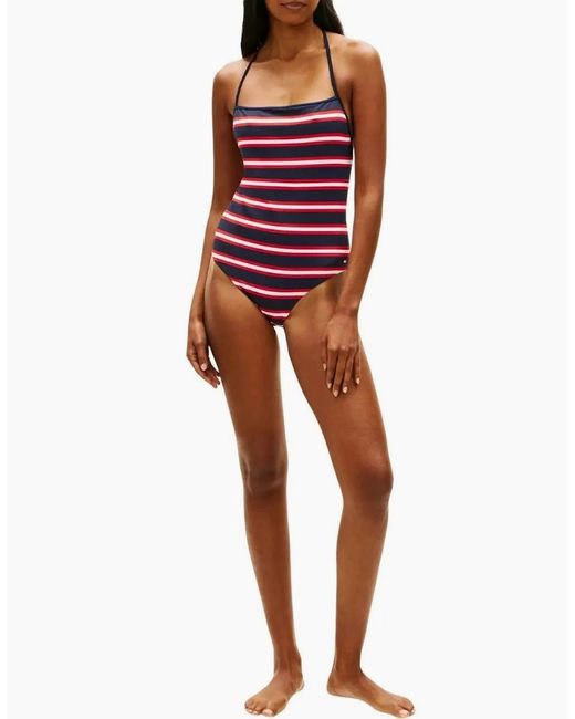 Tommy Hilfiger Red Th Texture Halterneck Swimsuit, New Preppy Stripe