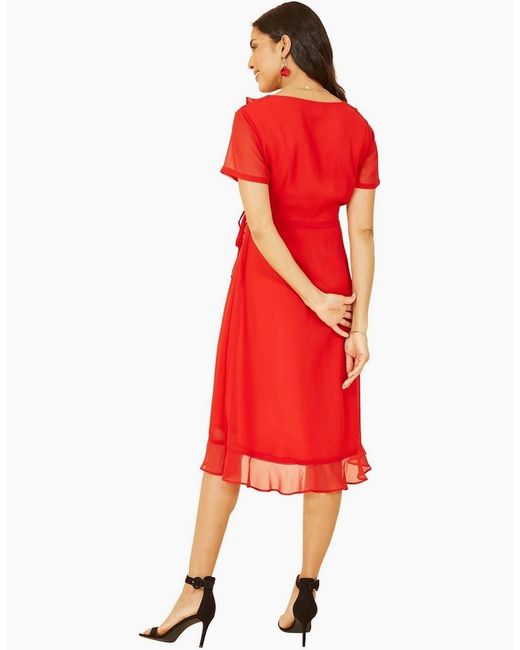 Yumi' Red Frill V-Neck Midi Wrap Dress