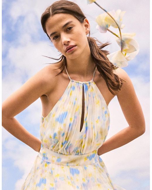 Ro&zo White Allegra Watercolour Floral Pleated Maxi Dress