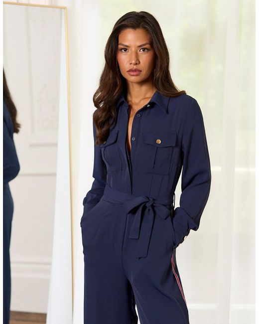 Gini London Blue Long Sleeves Side Strip Detail Jumpsuit