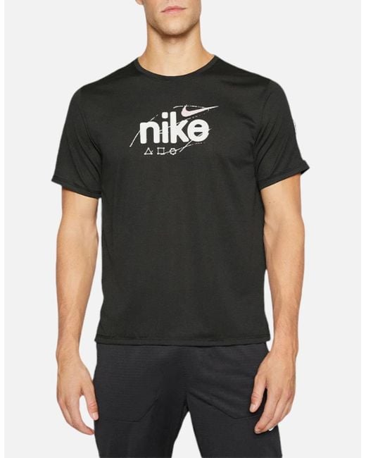 Nike Black Dri-Fit T Shirt Short Sleeve Quick Dry Miler Reflective Running Tops for men