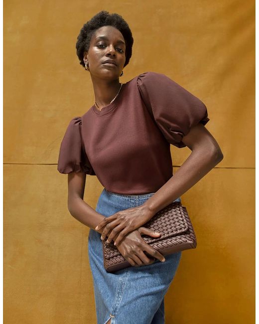 Ro&zo Brown Chocolate Pure Cotton Puff Sleeve T-Shirt