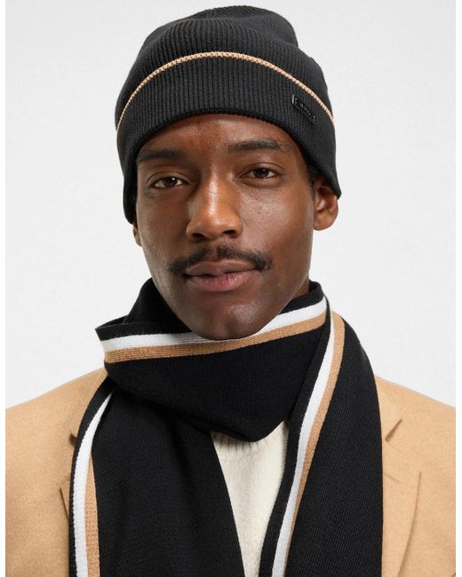Hugo Boss Men's Enzo Black Wool Hat & Scarf Set With Logo - One Size, Includes Gift Box