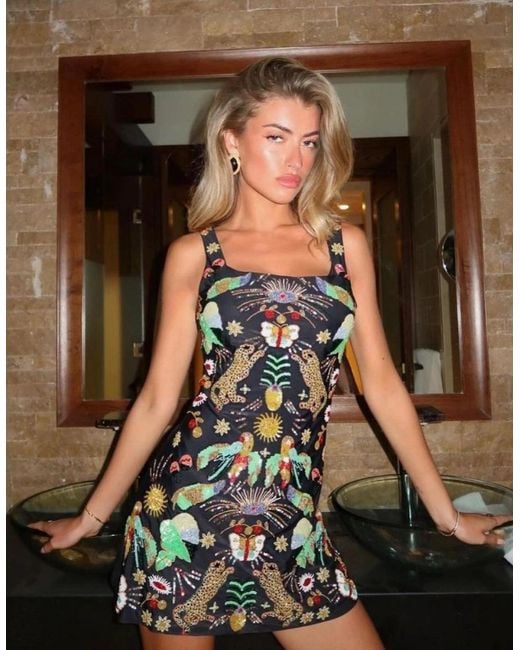 Oceanus Green Aurelia Embroidered Luxury Mini Dress