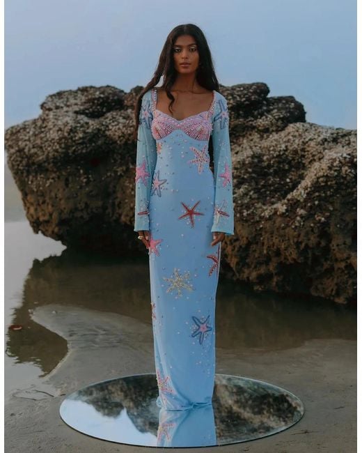 Oceanus Blue Crescent Shell Bell Sleeve Dress