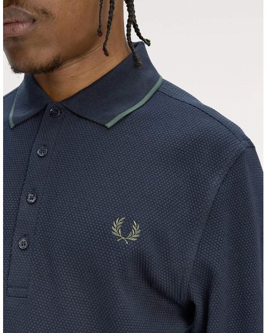 Fred Perry Blue Textured Long Sleeve Polo for men