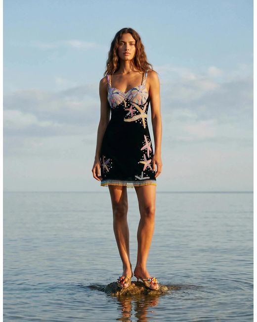 Oceanus Black Tasseled Crescent Shell Mini Dress