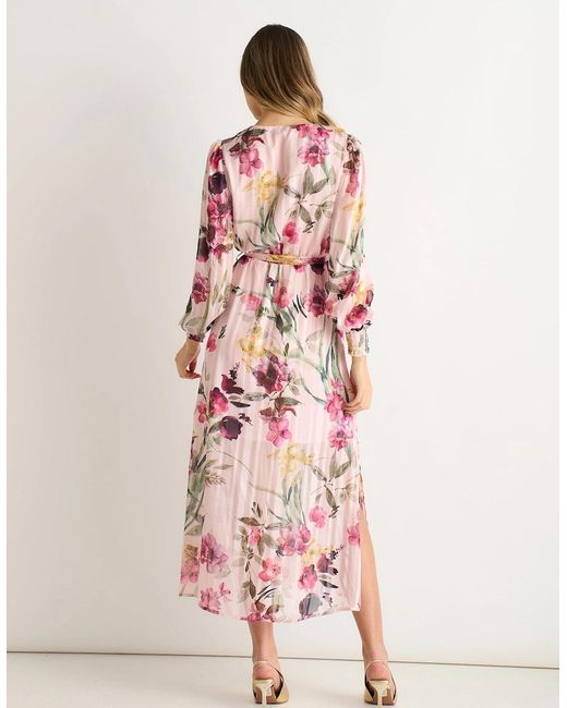 Gini London Pink Floral Print Sparkle Chiffon Wrap Midi Dress