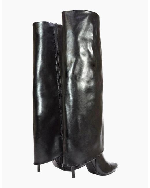 XY London Black Ladies Shauna Fold Over Stiletto Heel Knee-High Boots