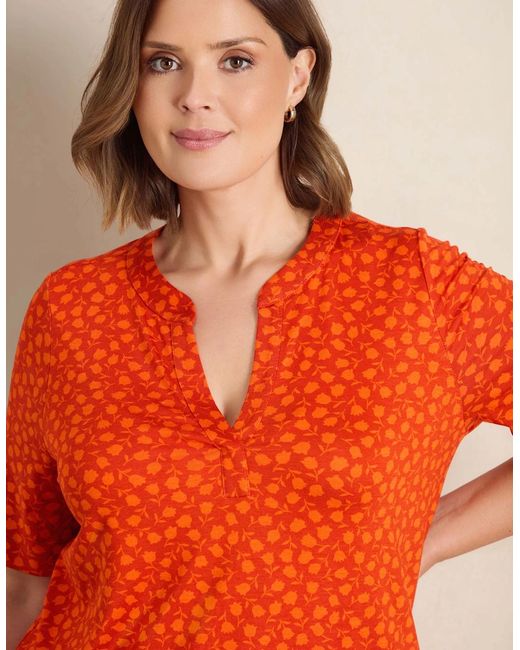 Live Unlimited London Red Floral Print Nehru Collar Short Sleeve Jersey Top