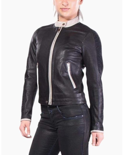DIESEL Blue L Gin Leather Jacket Long Sleeve Cafe Racer Ladies Biker Zip Coat