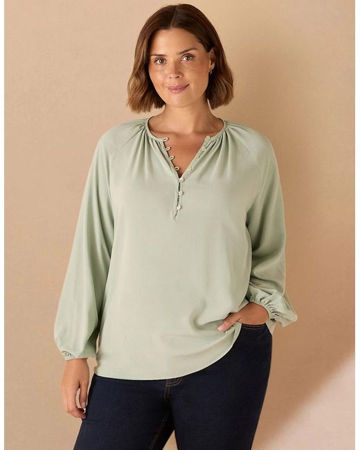 Live Unlimited London Green Sage Button Front Raglan Sleeve Blouse