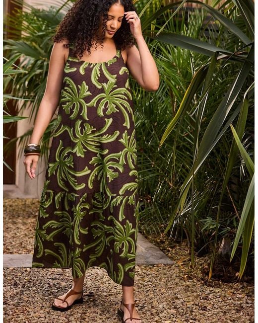 Live Unlimited London Green Palm Print Drop Tier Dress