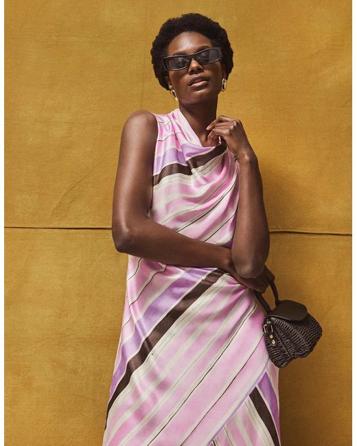 Ro&zo Pink Phoebe Stripe Cowl Neck Satin Dress